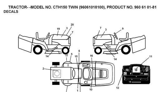 Decals Diagram and Parts List for CTH150 (96061018200)(2007-04) Husqvarna Lawn Tractor