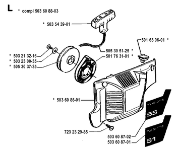 Starter Diagram and Parts List for 55 19900100001-19914000000 Husqvarna Chainsaw