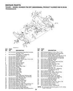 Transmission Diagram and Parts List for 700DRT 2008-11 Husqvarna Cultivator