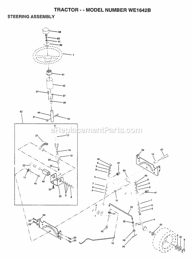 Steering Assembly Diagram and Parts List for WE1642B 1997 Husqvarna Lawn Tractor