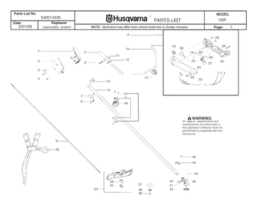 Shaft And Handle Diagram and Parts List for 125R 20082200001 & Above Husqvarna Trimmer