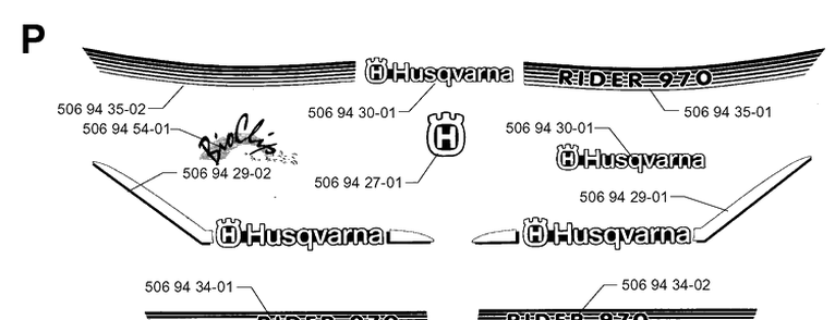 Decals Diagram and Parts List for RIDER970 1997-03 Husqvarna Lawn Mower
