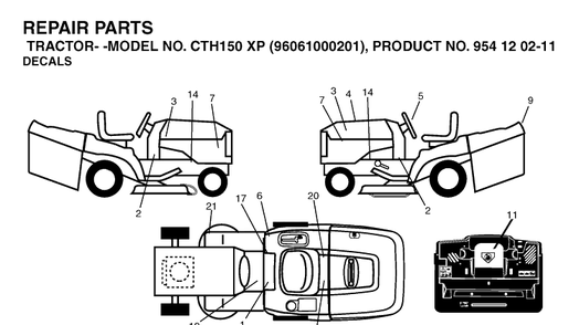 Decals Diagram and Parts List for CTH150XP (96061000201)(2005-04) Husqvarna Lawn Tractor