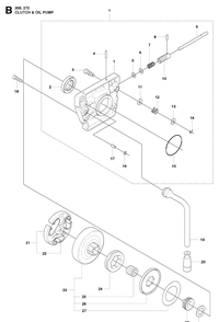 Clutch And Oil Pump Diagram and Parts List for 272XP 20091400001-20163200000 Husqvarna Chainsaw