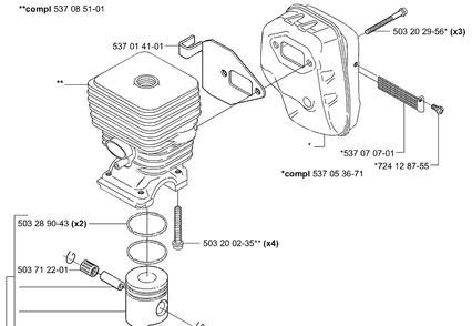 Piston / Cylinder And Muffler Diagram and Parts List for HA850 2004-01 Husqvarna Hedge Trimmer