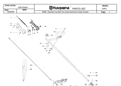 Shaft And Handle Diagram and Parts List for 125RJ 20071300001-20082200000 Husqvarna Brush Cutter