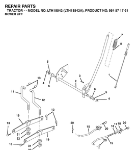 Mower Lift / Deck Lift Diagram and Parts List for LTH18542-LTH18542A 2003-11 Husqvarna Lawn Tractor