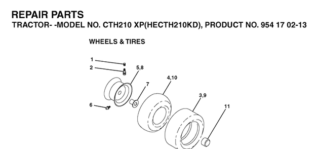 Wheels And Tires Diagram and Parts List for CTH210XP (HECTH210KD)(2004-06) Husqvarna Lawn Tractor