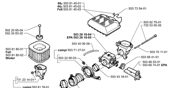 Air Filter / Carburetor Diagram and Parts List for 362EPA 1999-11 Husqvarna Chainsaw