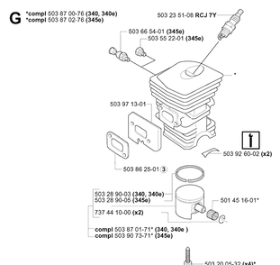 Cylinder Piston Diagram and Parts List for 340E 20051800001-20062300000 Husqvarna Chainsaw