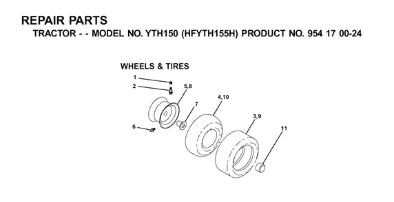 Wheels And Tires Diagram and Parts List for YTH150 (954170024-H)(2001-03) Husqvarna Lawn Tractor