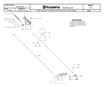 Shaft And Handle Diagram and Parts List for 125L 20082200001 & Above Husqvarna Trimmer