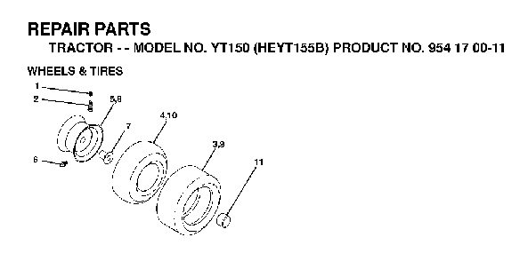 Wheels And Tires Diagram and Parts List for YT150 (HEYT155B, 954170011)(1998-12) Husqvarna Lawn Tractor
