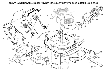 Frame And Engine Diagram and Parts List for JET55-JET55SR 2003-01 Husqvarna Lawn Mower