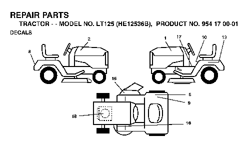 Decals Diagram and Parts List for LT125 (HE12536B, 954170001)(1996-10) Husqvarna Lawn Tractor