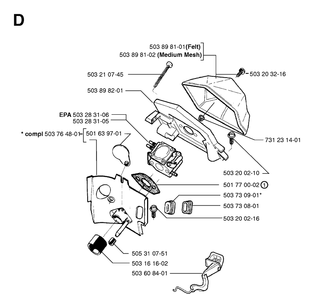 Carburetor And Air Filter Diagram and Parts List for 55 20001900001-Current Husqvarna Chainsaw