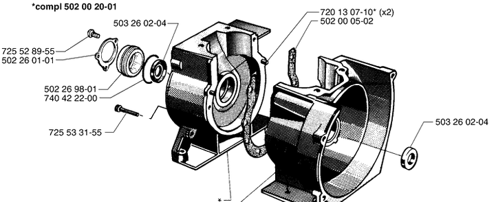 Crankcase Assembly Diagram and Parts List for 265RX 1999-03 Husqvarna Brush Cutter