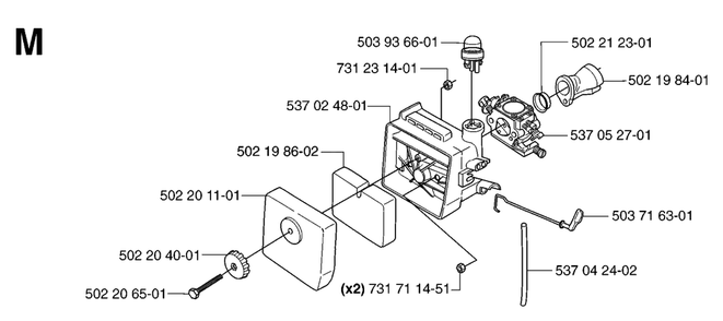 Carburetor And Air Filter Diagram and Parts List for 232R 20144900001 & Above Husqvarna Trimmer