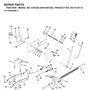 Mower Lift / Deck Lift Diagram and Parts List for GTH220 (954140012E)(1998-09) Husqvarna Lawn Tractor
