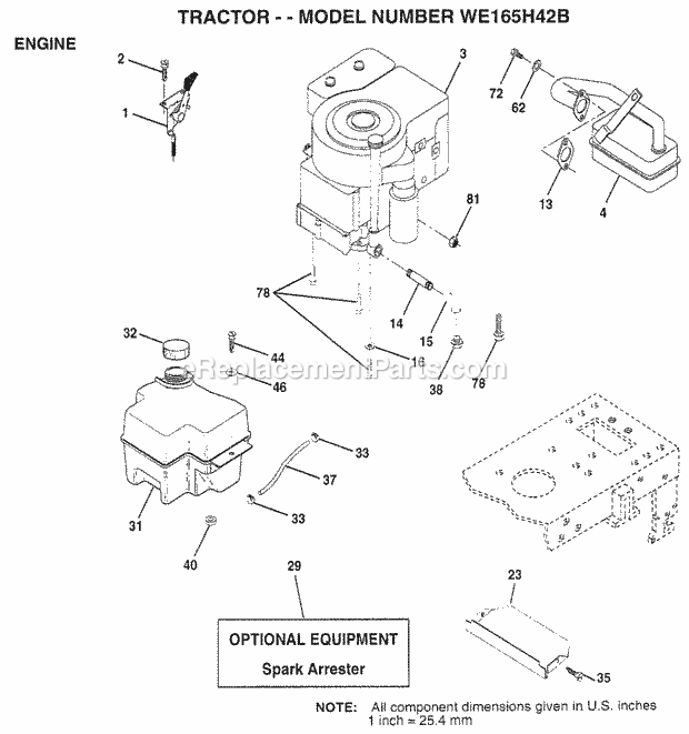 Engine Diagram and Parts List for WE165H42B 1998 Husqvarna Lawn Tractor