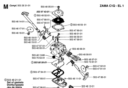 Carburetor Details Diagram and Parts List for 49 19981800001-20013499999 Husqvarna Chainsaw