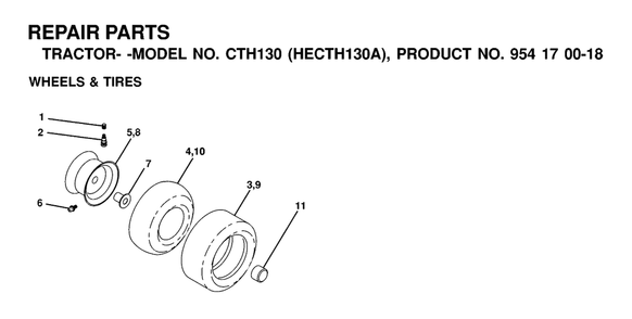 Wheels And Tires Diagram and Parts List for CTH130 (954170018-A)(2000-03) Husqvarna Lawn Tractor