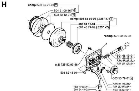 Clutch And Oil Pump Diagram and Parts List for 242 19981800001-20013500000 Husqvarna Chainsaw