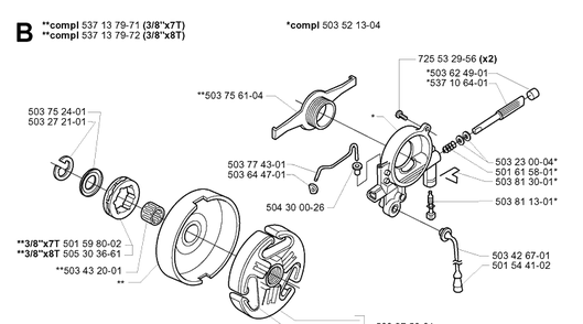 Clutch And Oil Pump Diagram and Parts List for 385XP 20051000001-20064000000 Husqvarna Chainsaw
