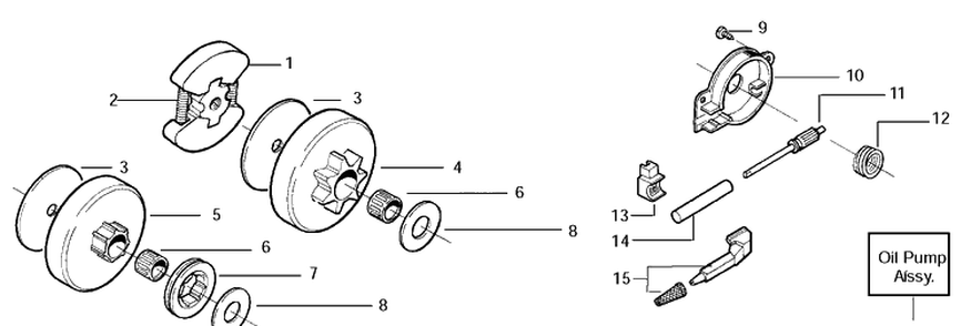 Clutch And Oil Pump Diagram and Parts List for 141 20030100001-20040100000 Husqvarna Chainsaw