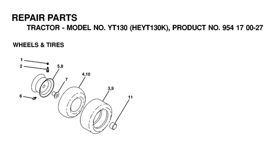 Wheels And Tires 2 Diagram and Parts List for YT130 (954170027-K)(2000-03) Husqvarna Lawn Tractor