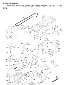 Drive Diagram and Parts List for LTH145 (954140006C)(1998-02) Husqvarna Lawn Tractor