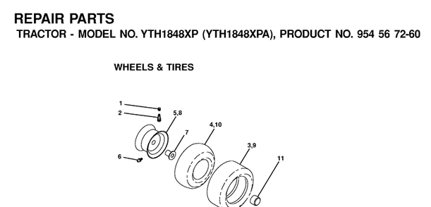 Wheels And Tires Diagram and Parts List for YTH1848XP (954567260)(2001-02) Husqvarna Lawn Tractor