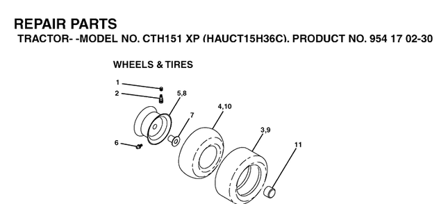 Wheels And Tires Diagram and Parts List for CTH151XP (HAUCT15H36C)(2004-09) Husqvarna Lawn Tractor