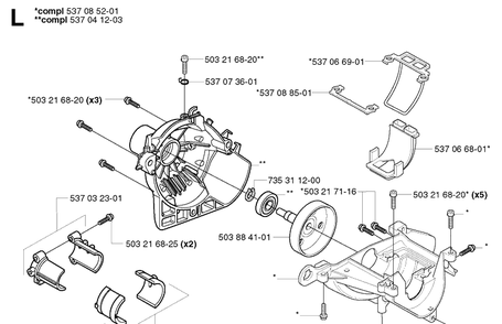 Crankcase Diagram and Parts List for 326EX 20020500001-20144799999 Husqvarna Edger
