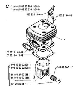 Cylinder Piston Diagram and Parts List for 281 19900100001-19911400000 Husqvarna Chainsaw