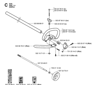 Shaft And Handle Diagram and Parts List for 326RX 20061400001-20070100000 Husqvarna Brush Cutter