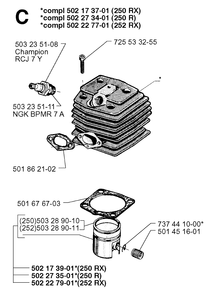 Cylinder Piston Diagram and Parts List for 250RX 19973100001 & Above Husqvarna Trimmer