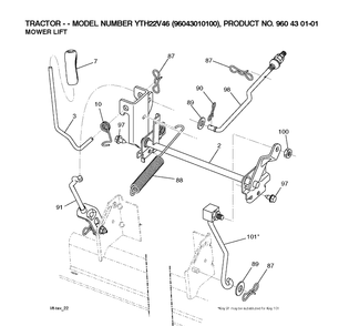 Mower Lift Lever Diagram and Parts List for YTH22V46 (96043010100)(2009-12) Husqvarna Lawn Tractor