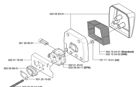 Air Filter/Carburetor Diagram and Parts List for 265RXEPA 2002-08 Husqvarna Brush Cutter