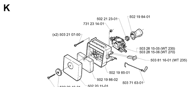Carburetor And Air Filter Diagram and Parts List for 240RBD 19970500001-20004000000 Husqvarna Brush Cutter