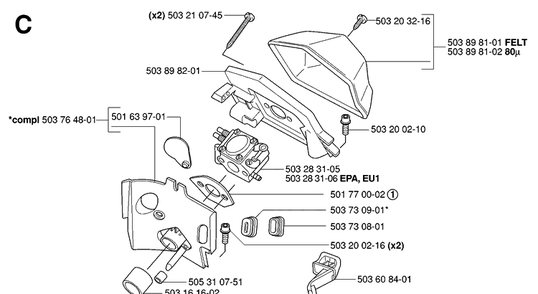 Carburetor And Air Filter Diagram and Parts List for 55 (RANCHER)(20060600001-20070500000) Husqvarna Chainsaw