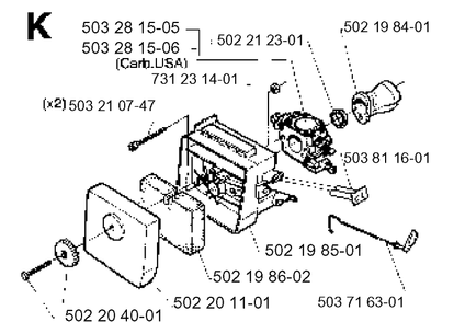 Carburetor And Air Filter Diagram and Parts List for 232RCAT 19954500001-Current Husqvarna Brush Cutter