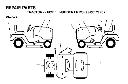 Decals Diagram and Parts List for LR125 (954001202C)(1995-03) Husqvarna Lawn Tractor