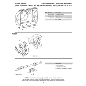 Auger Diagram and Parts List for 970528602  Husqvarna Snow Blower