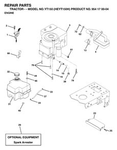 Engine And Cutting Equipment Diagram and Parts List for YT150 (954170004-H)(1996-01) Husqvarna Lawn Tractor
