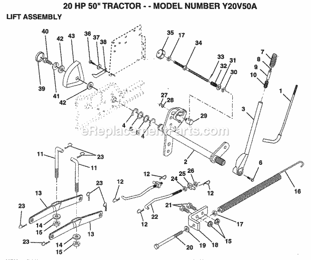 20 Hp 50" Lift Assembly Diagram and Parts List for Y20V50A 1994 Husqvarna Lawn Tractor