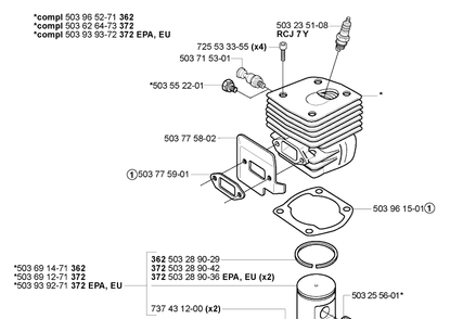 Piston / Cylinder Diagram and Parts List for 362EPA 2005-05 Husqvarna Chainsaw