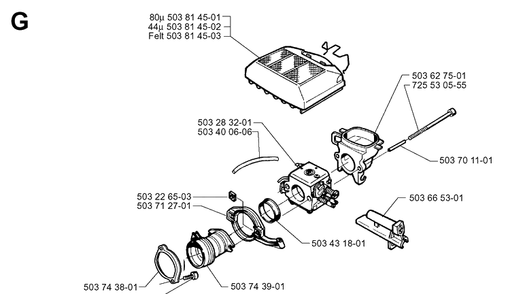 Carburetor And Air Filter Diagram and Parts List for 365 19963500001-19974900000 Husqvarna Chainsaw