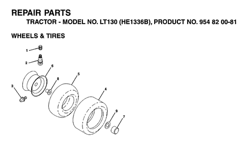 Wheels And Tires Diagram and Parts List for LT130 (954820081-B)(1996-01) Husqvarna Lawn Tractor