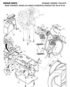 Chassis, Engine And Pulleys Diagram and Parts List for 8024ST (HU8024STA)(2002-09) Husqvarna Snow Blower